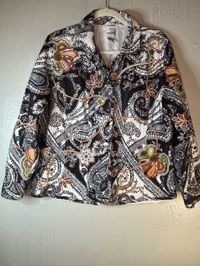 Chico's Black & White Paisley Jacket with Multi-Color Embroidery